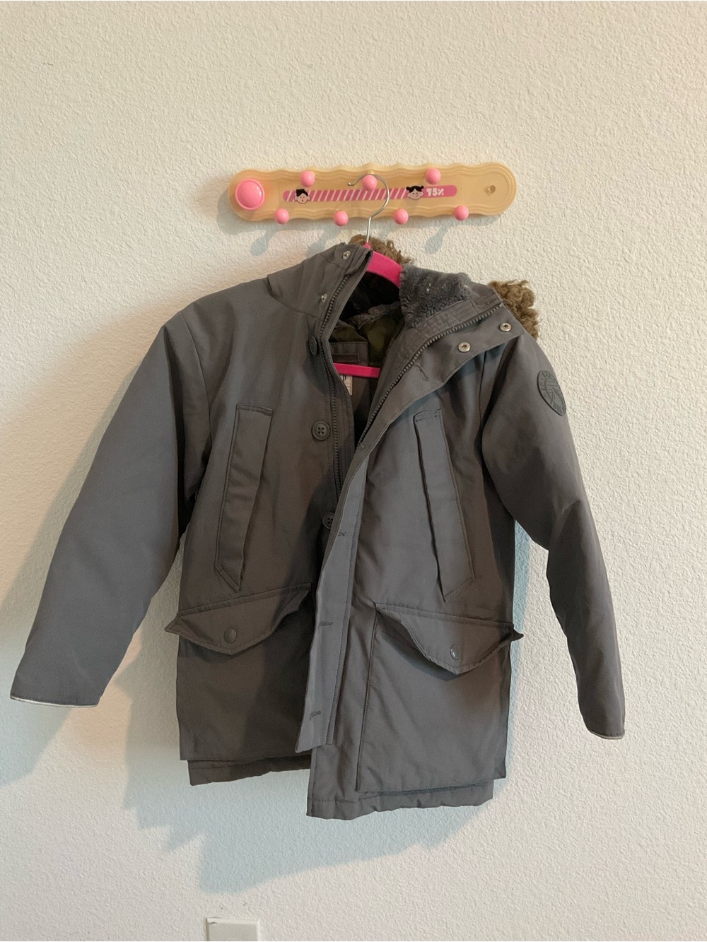 GAP Gray Hooded Puffer Coat with Faux Fur Trim